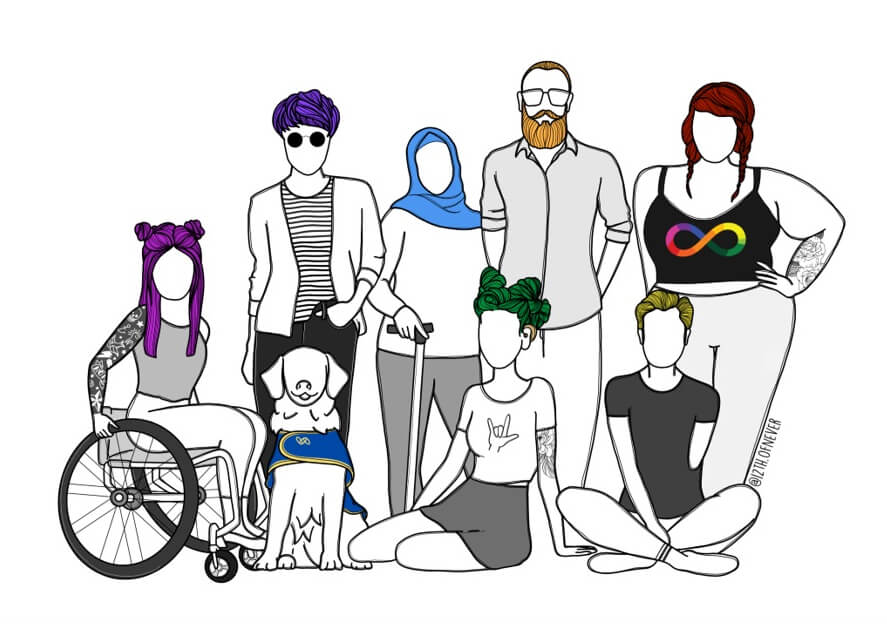 Far left to right, front row: a manual wheelchair user, with tattoos on their arms and long purple hair; assistance dog wearing a blue assistance jacket; a person wearing a skirt and a top with the ASL Sign for ‘I love you’ with bright green hair and a hearing aid; a young person wearing a top and pants with an upper limb amputation on their left side. Back row: person with black jeans, black and white striped top and white jacket, dark glasses and bright purple short hair; person with bright blue head scarf, white long-sleeved top, grey pants, they are holding a walking stick; person with light brown beard and moustache, glasses, shirt and long pants; person wearing pants, and singlet top with the autism pride symbol, they have light brown hair in plats. All of the people are drawn as outlines so skin colour is not specified.
